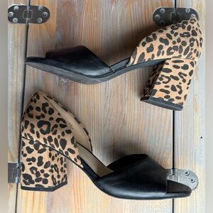 Seychelles SIZE 7 Black and Leopard Print Leather Open Toe Block Heels